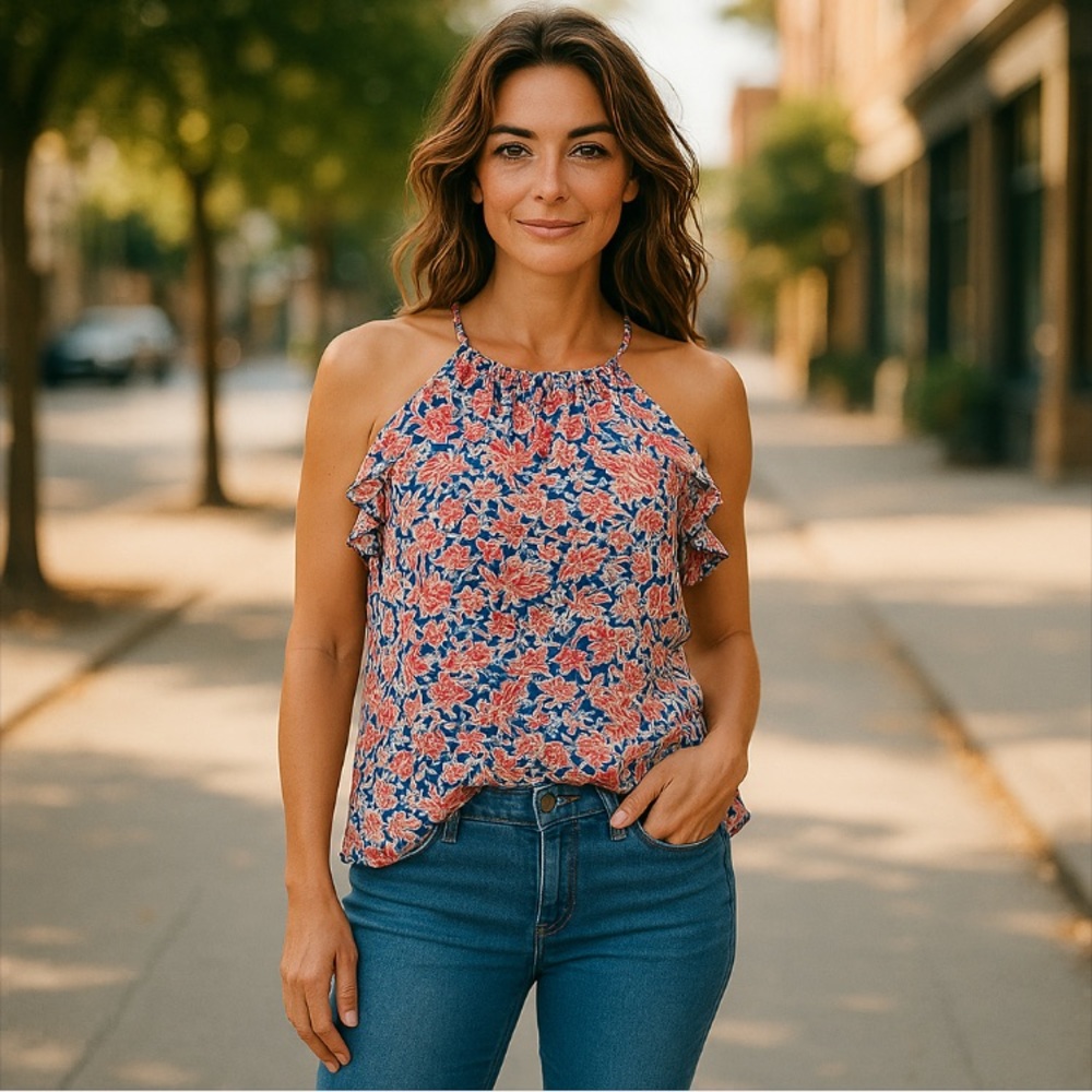 NWT 1.STATE Halter Neck Multi Coral Blue Top Size S